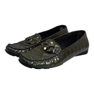 Stuart Weitzman olive croc embossed patent leather loafers with square toe, chai